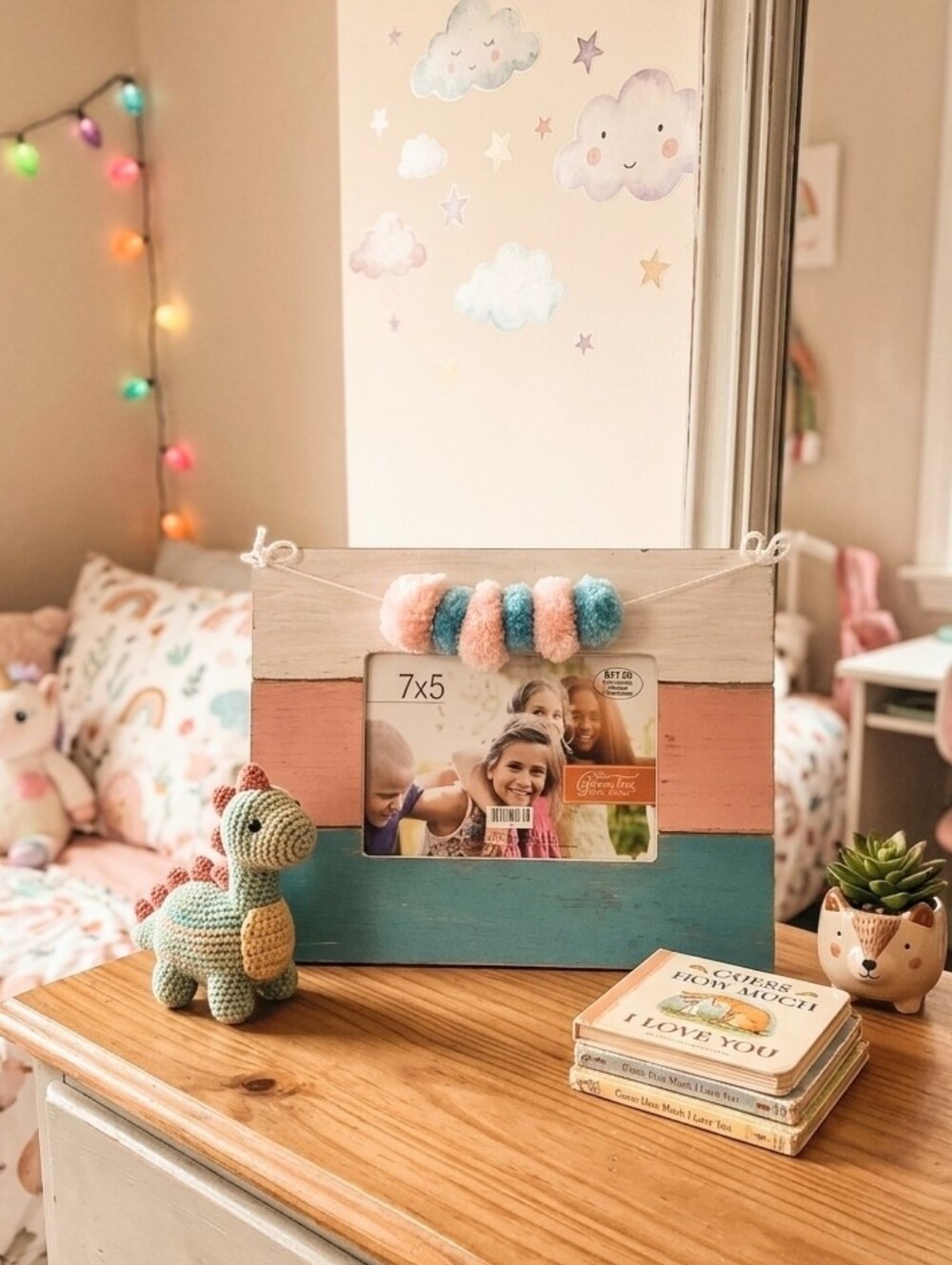 Green Tree Gallery 7x5 Slatwood Pastel Boho Pom-Pom Wooden Picture Frame